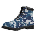 Blue And White Camouflage Print Padded Collar Lace Up Boots