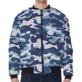 Blue And White Camouflage Print Zip Sleeve Bomber Jacket