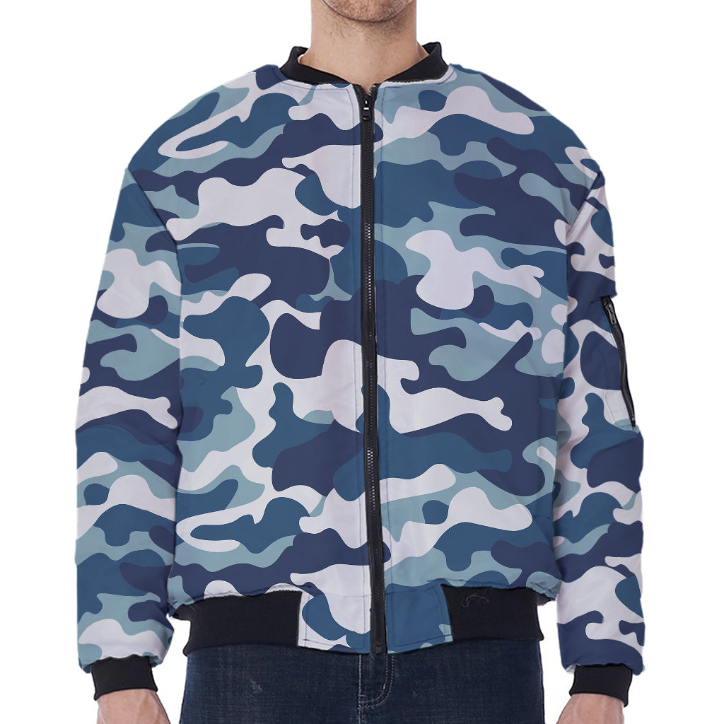 Blue And White Camouflage Print Zip Sleeve Bomber Jacket