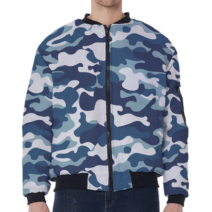 Blue And White Camouflage Print Zip Sleeve Bomber Jacket