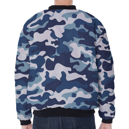 Blue And White Camouflage Print Zip Sleeve Bomber Jacket