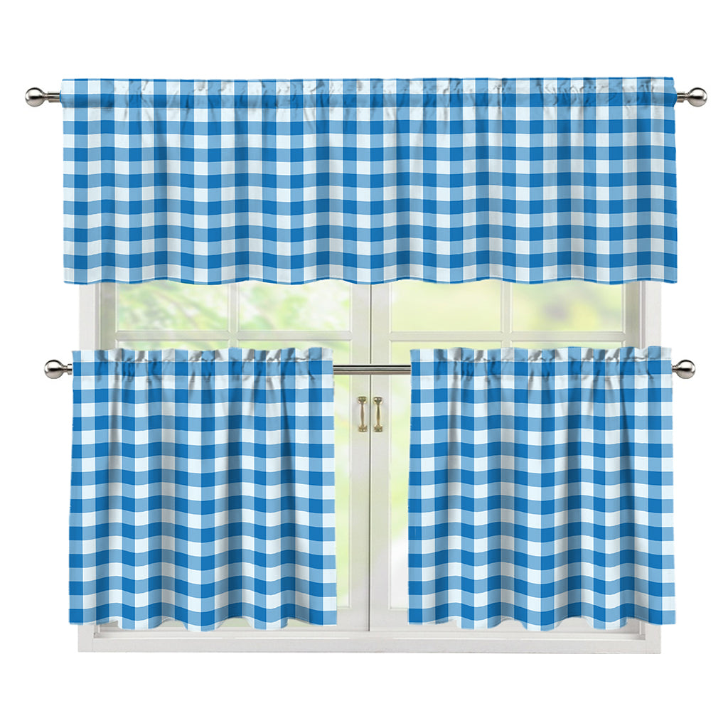 Blue And White Check Pattern Print 3 Piece Kitchen Curtains