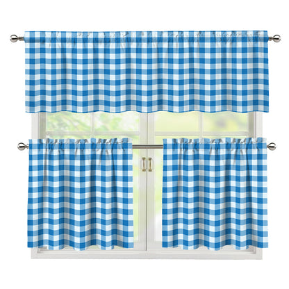 Blue And White Check Pattern Print 3 Piece Kitchen Curtains