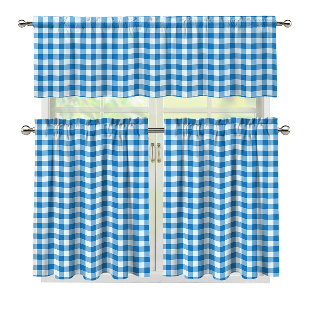 Blue And White Check Pattern Print 3 Piece Kitchen Curtains