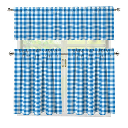Blue And White Check Pattern Print 3 Piece Kitchen Curtains