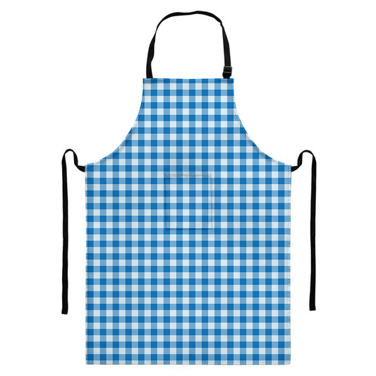 Blue And White Check Pattern Print Bib Apron With Pocket