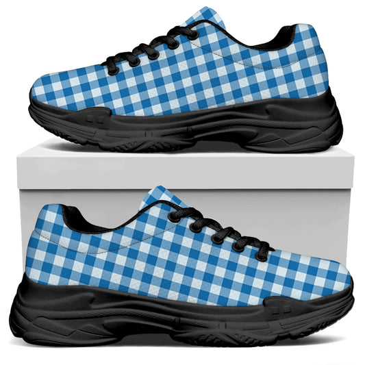 Blue And White Check Pattern Print Black Chunky Shoes