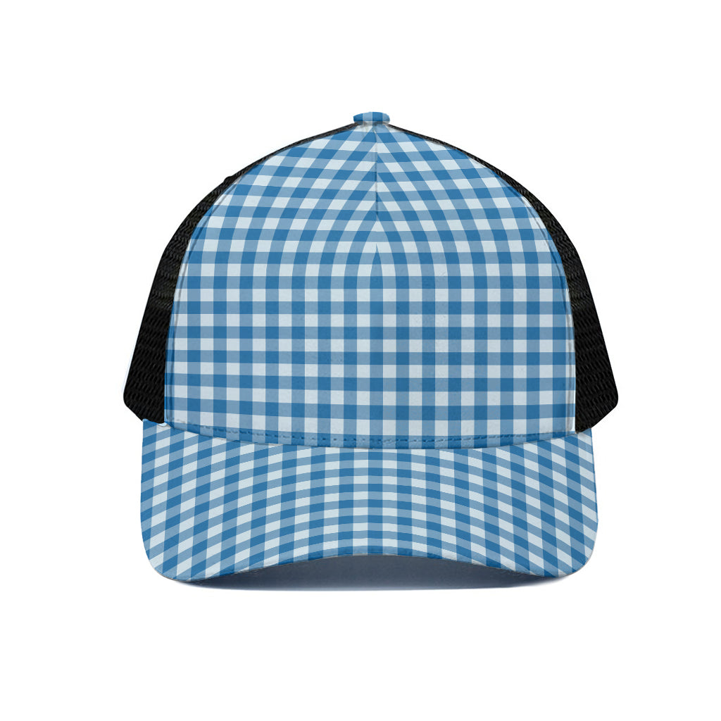 Blue And White Check Pattern Print Black Mesh Trucker Cap