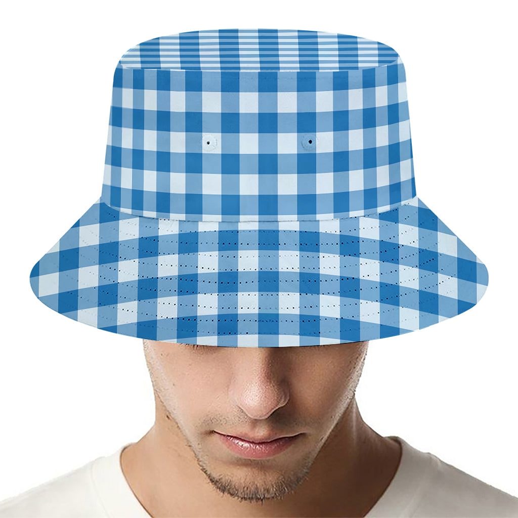 Blue And White Check Pattern Print Bucket Hat