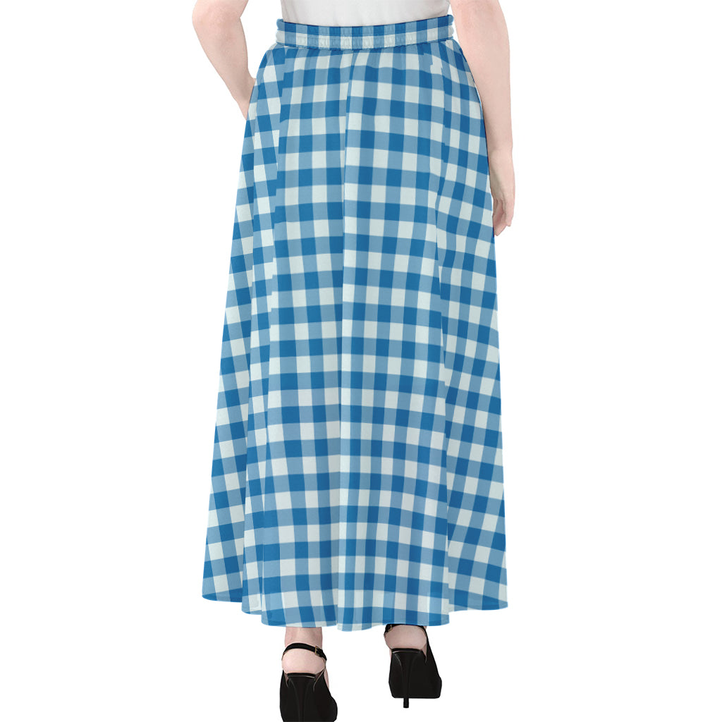 Blue And White Check Pattern Print Chiffon Maxi Skirt
