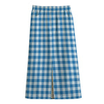 Blue And White Check Pattern Print Cotton Front Slit Maxi Skirt