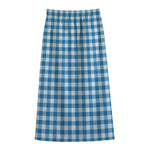Blue And White Check Pattern Print Cotton Front Slit Maxi Skirt