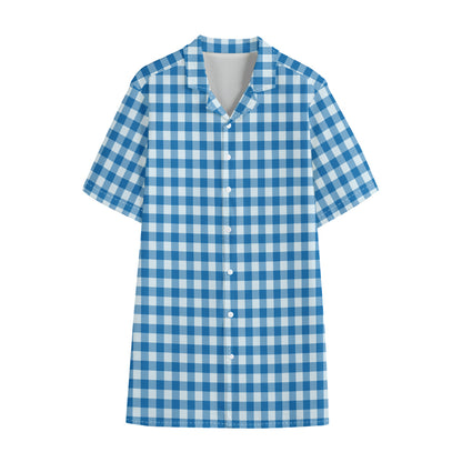 Blue And White Check Pattern Print Cotton Hawaiian Shirt
