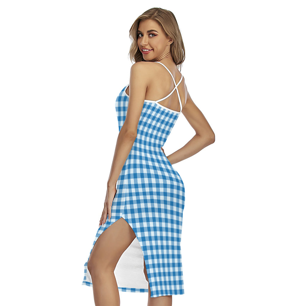Blue And White Check Pattern Print Cross Back Cami Dress