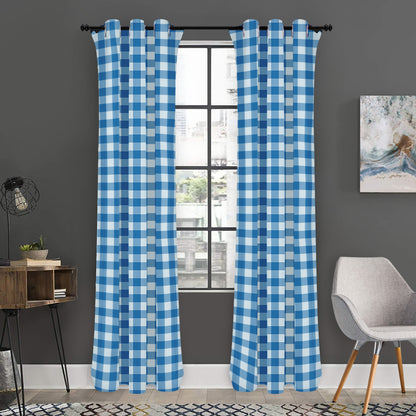 Blue And White Check Pattern Print Curtain