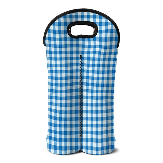 Blue And White Check Pattern Print Double Neoprene Wine Tote