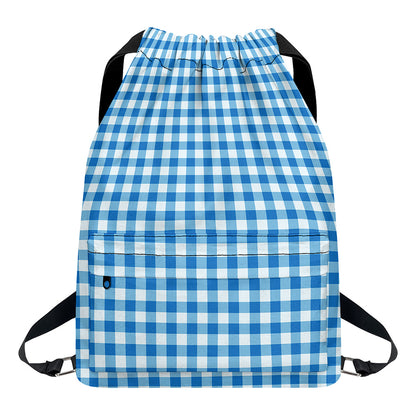 Blue And White Check Pattern Print Drawstring Backpack