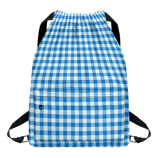 Blue And White Check Pattern Print Drawstring Backpack