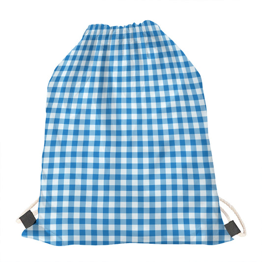 Blue And White Check Pattern Print Drawstring Bag