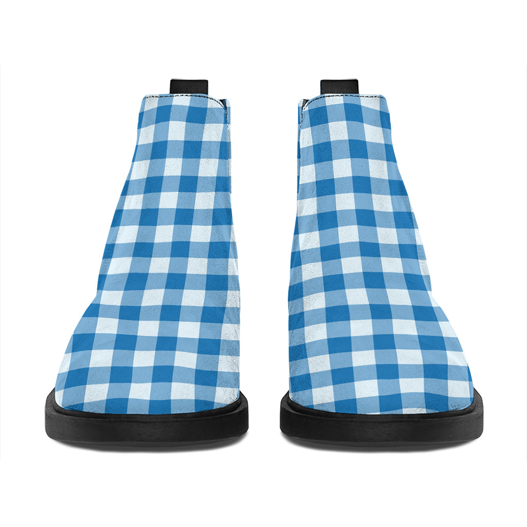 Blue And White Check Pattern Print Flat Ankle Boots