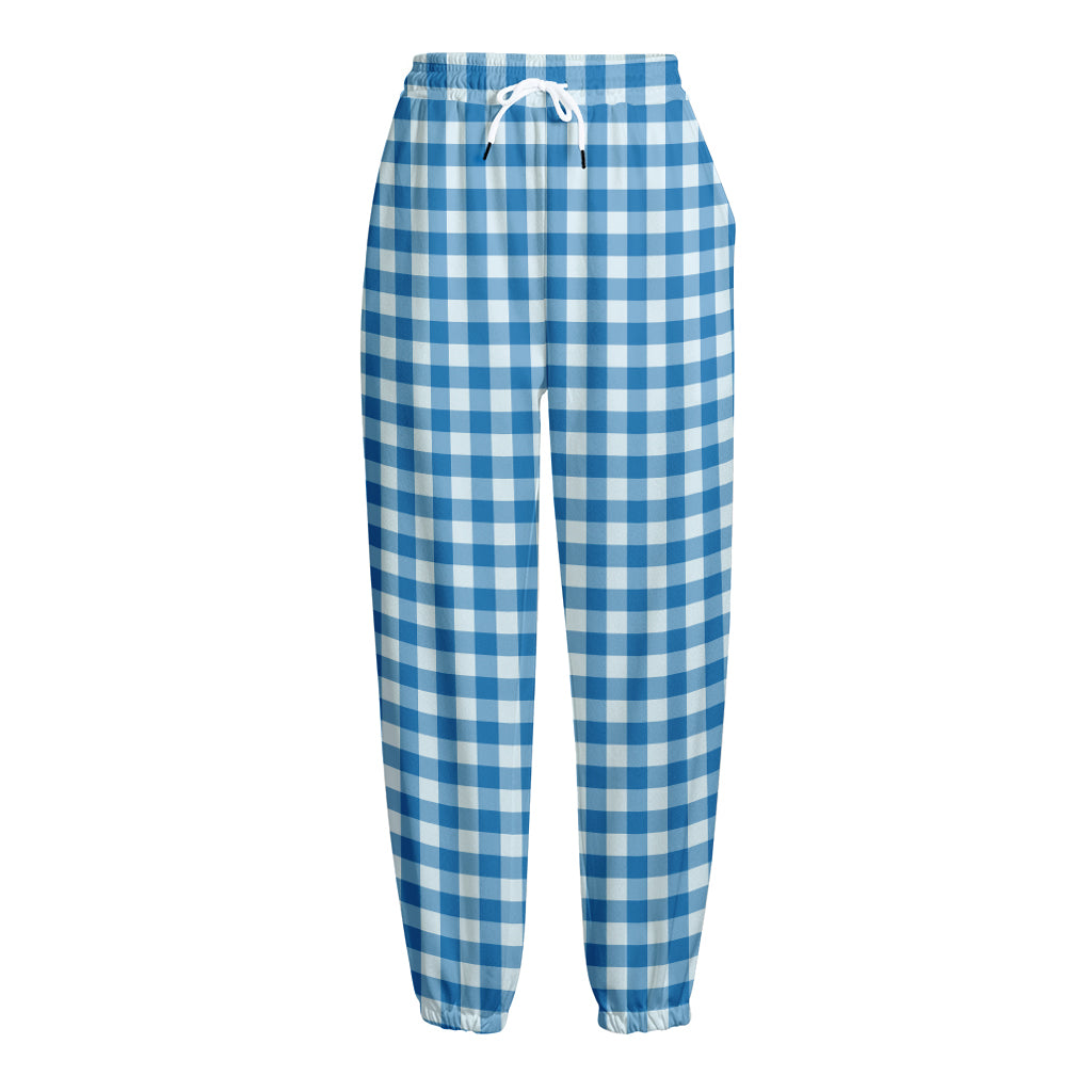 Blue And White Check Pattern Print Fleece Lined Knit Pants
