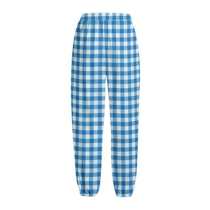 Blue And White Check Pattern Print Fleece Lined Knit Pants