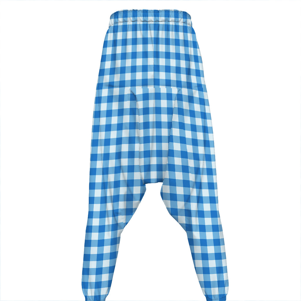 Blue And White Check Pattern Print Hammer Pants