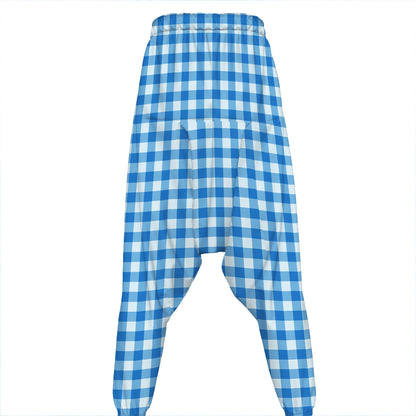 Blue And White Check Pattern Print Hammer Pants