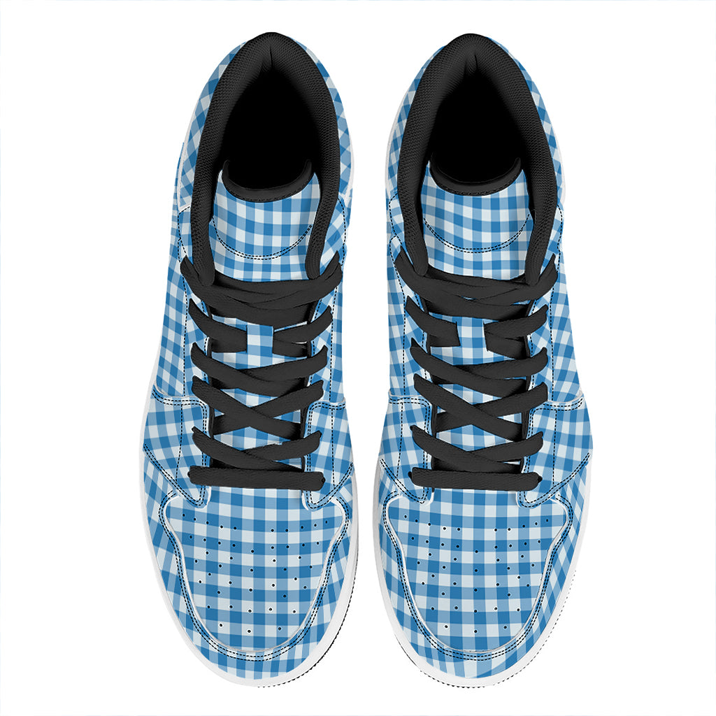 Blue And White Check Pattern Print High Top Leather Sneakers