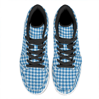 Blue And White Check Pattern Print High Top Leather Sneakers