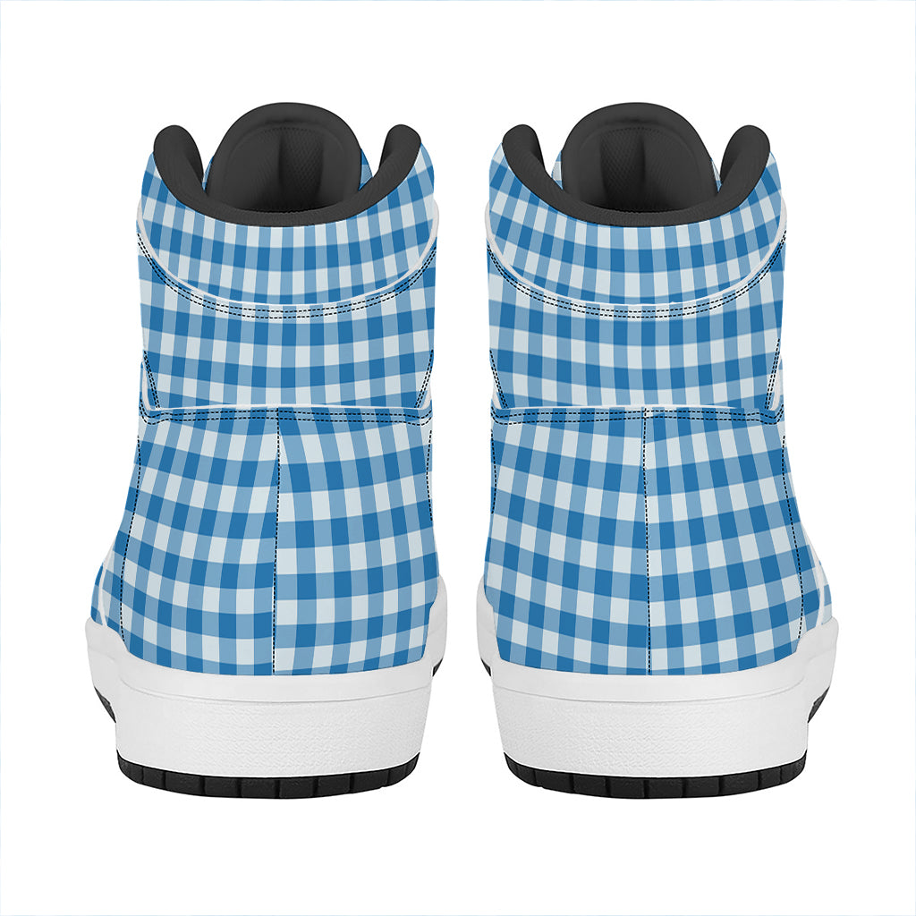 Blue And White Check Pattern Print High Top Leather Sneakers