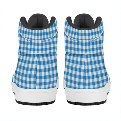 Blue And White Check Pattern Print High Top Leather Sneakers