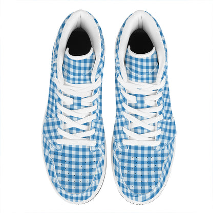 Blue And White Check Pattern Print High Top Leather Sneakers