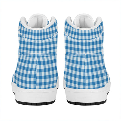 Blue And White Check Pattern Print High Top Leather Sneakers