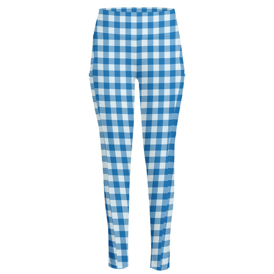 Blue And White Check Pattern Print High-Waisted Pocket Leggings