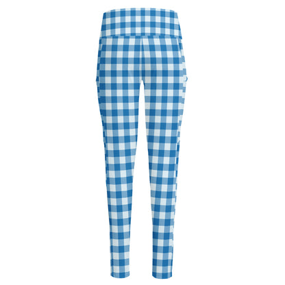 Blue And White Check Pattern Print High-Waisted Pocket Leggings