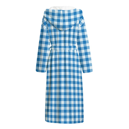 Blue And White Check Pattern Print Hooded Bathrobe