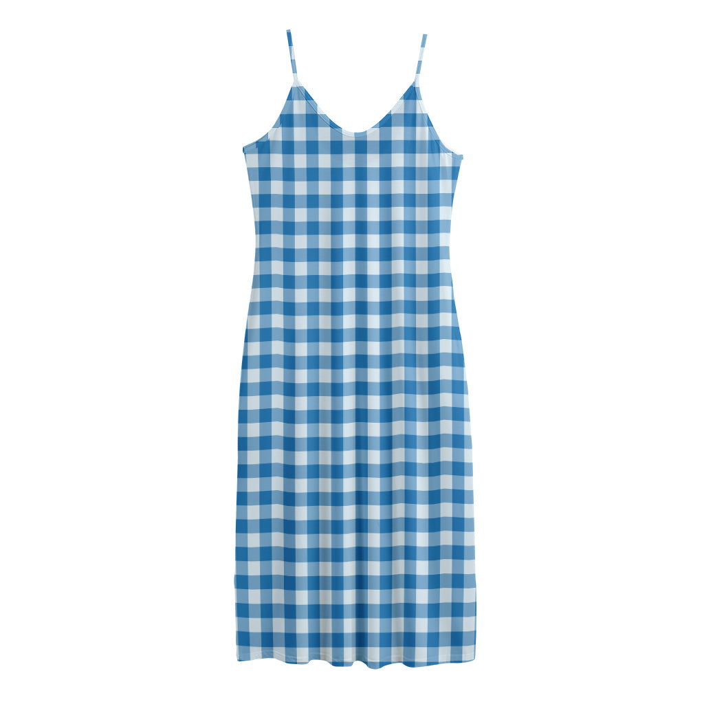 Blue And White Check Pattern Print Jersey Midi Cami Dress