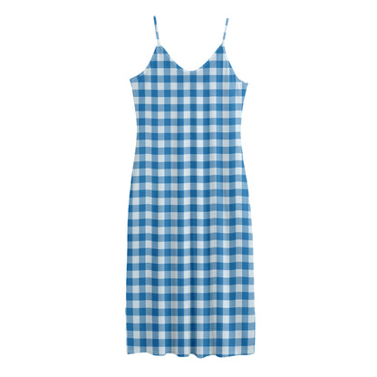 Blue And White Check Pattern Print Jersey Midi Cami Dress