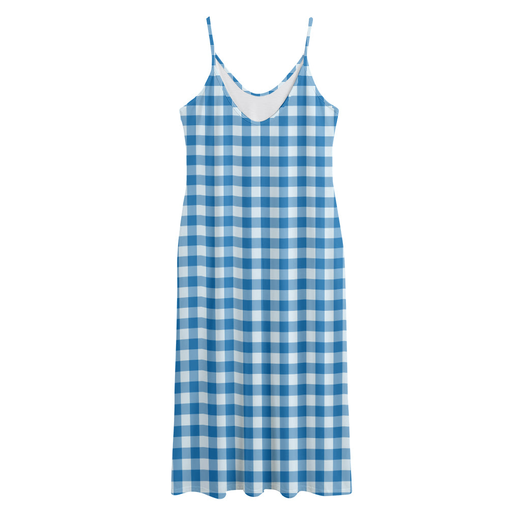 Blue And White Check Pattern Print Jersey Midi Cami Dress