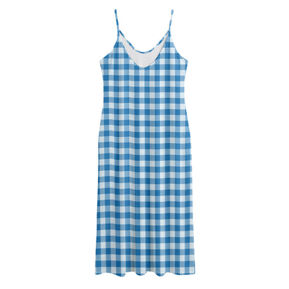 Blue And White Check Pattern Print Jersey Midi Cami Dress