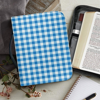Blue And White Check Pattern Print Leather Bible Cover