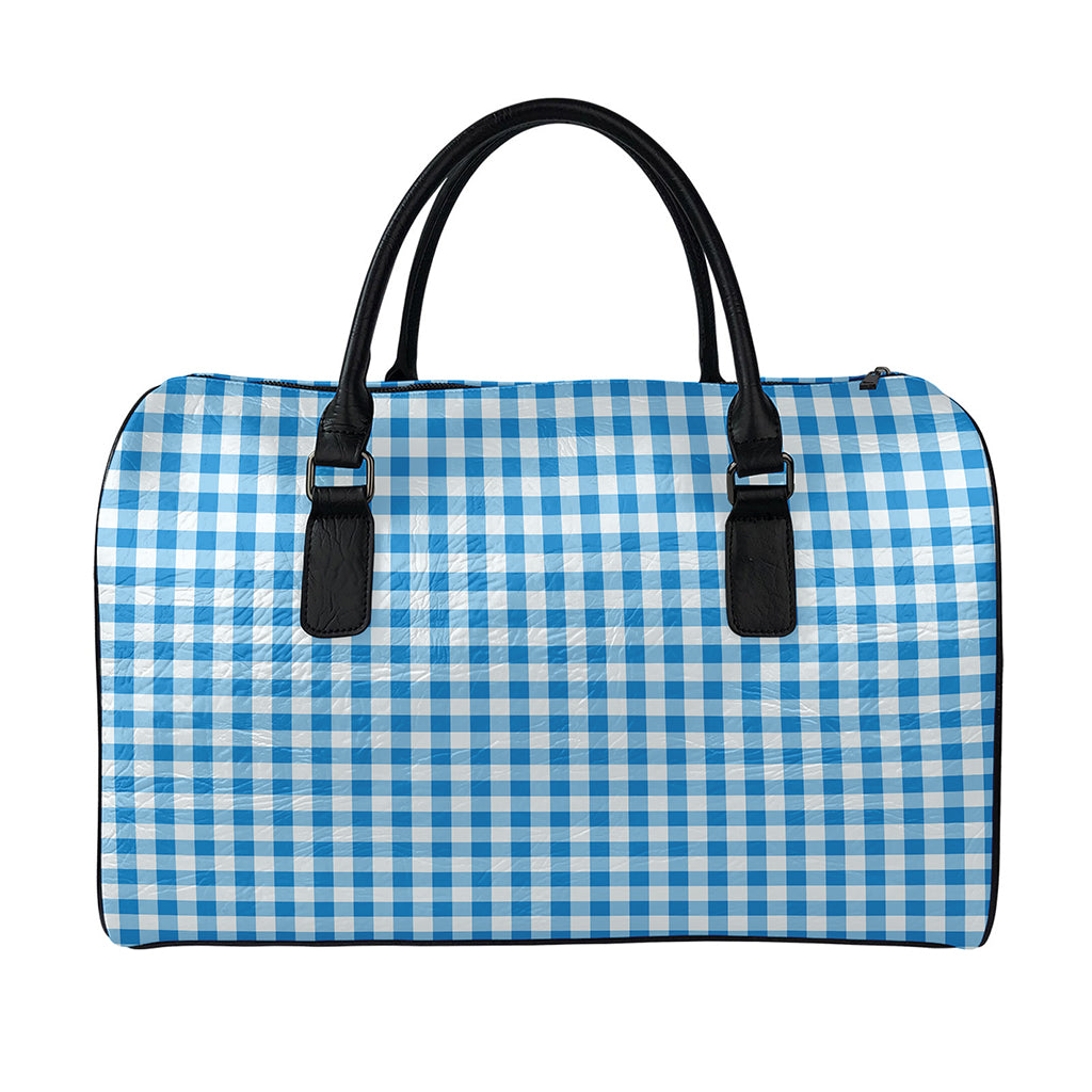 Blue And White Check Pattern Print Leather Duffle Bag
