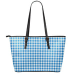 Blue And White Check Pattern Print Leather Tote Bag