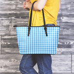 Blue And White Check Pattern Print Leather Tote Bag