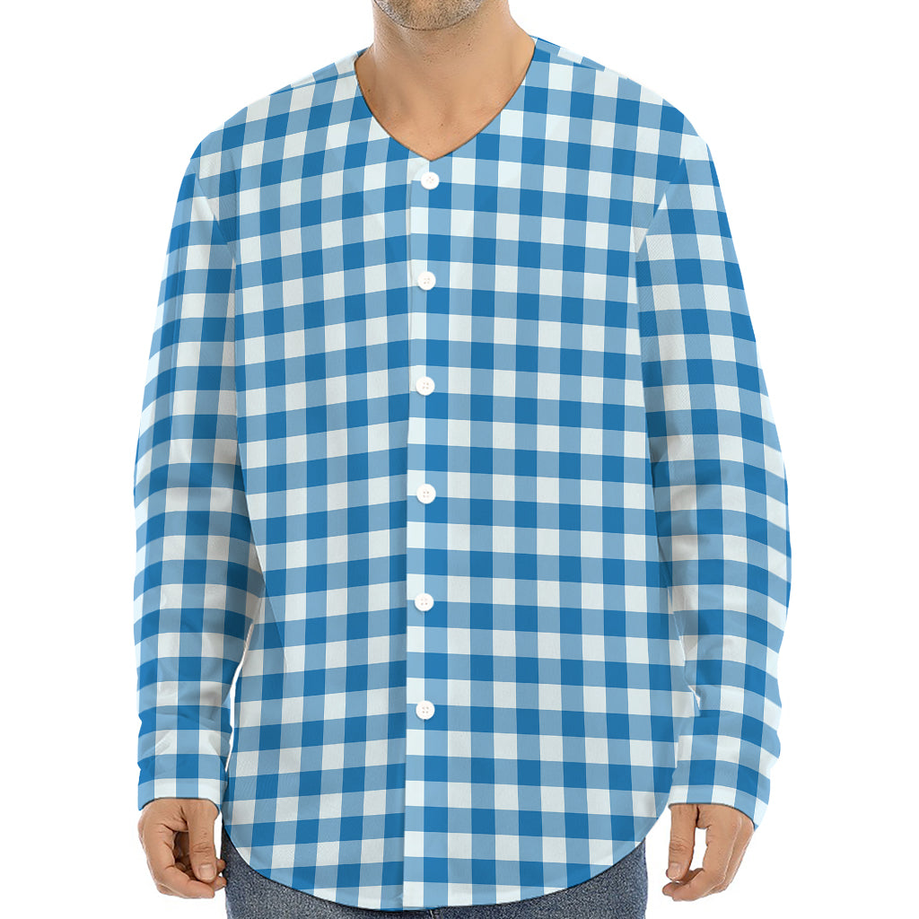 Blue And White Check Pattern Print Long Sleeve Baseball Jersey