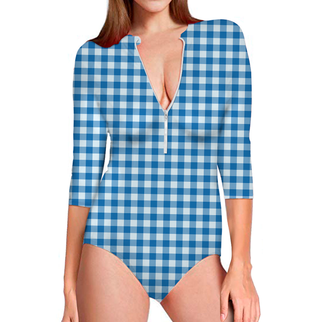 Blue And White Check Pattern Print Long Sleeve Swimsuit