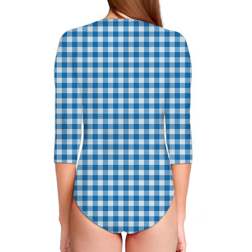 Blue And White Check Pattern Print Long Sleeve Swimsuit