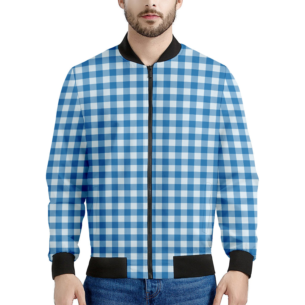 Blue And White Check Pattern Print Men's Bomber Jacket