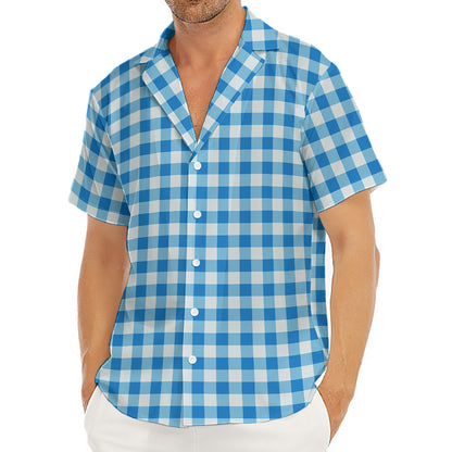 Blue And White Check Pattern Print Men's Deep V-Neck Shirt